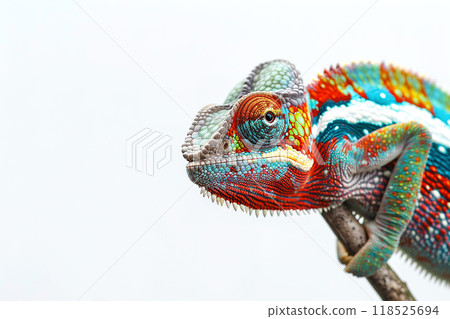 Vibrant close-up of a colorful chameleon perched on a branch, showcasing its intricate patterns and vivid colors in high resolution. Reptile 118525694