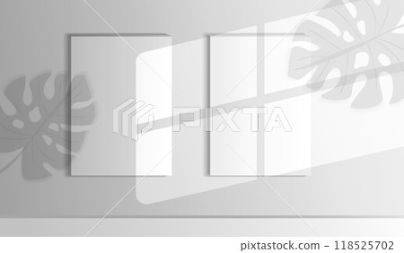 Blank canvas mockup set against a light background, featuring soft leaf shadows. Ideal for showcasing artwork or designs in a minimalist, modern context. Vector illustration Blank canvas mockup set against a light background, featuring soft leaf shadows. Ideal for showcasing artwork or designs in a minimalist, modern context. Vector illustration 118525702
