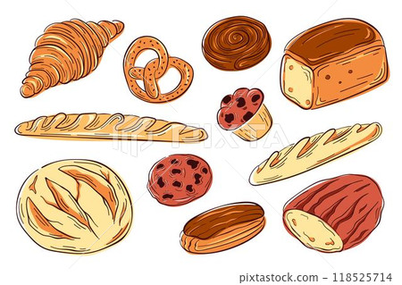 Various bakery and pastry food set in flat style. Collection of bread, buns, croissant, pretzel, eclair, cinnamon roll, baguette, chocolate cookie chip, muffin. 118525714