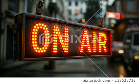 Illuminated sign ON AIR in bright orange lights ay evening, broadcast background. Generative AI 118525732