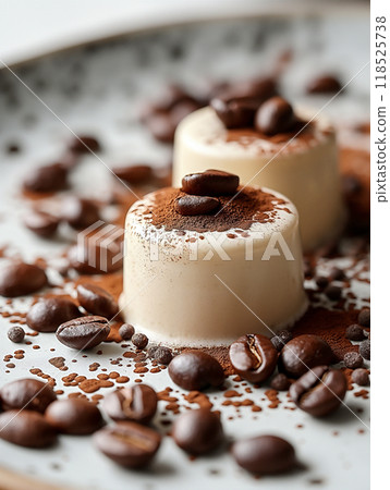 Deliciously crafted coffee panna cotta with roasted coffee beans and cocoa powder. Generative AI 118525738