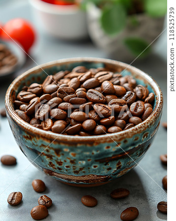 Delicious Coffee Beans in Rustic Bowl on Light Blue Surface. Generative AI 118525739