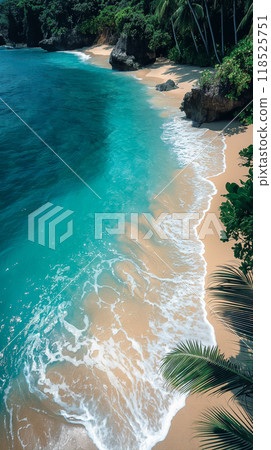 Serene Beach Shoreline at Sunset With Gentle Waves Crashing on the Sand. Generative AI 118525751