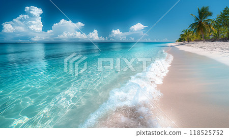 Serene Beach Shoreline at Sunset With Gentle Waves Crashing on the Sand. Generative AI 118525752