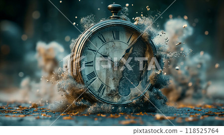 Cock shatters into fragments as time passes, symbolising fleeting nature of moments. Generative AI Cock shatters into fragments as time passes, symbolising fleeting nature of moments. Generative AI 118525764