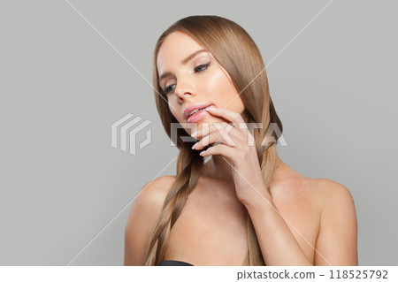 Perfect young healthy woman with pigtail hairstyle and natural make-up on white background 118525792