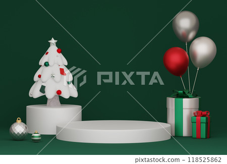 Christmas podium green background stage with balloons and gift boxes 3D graphic Christmas podium green background stage with balloons and gift boxes 3D graphic 118525862