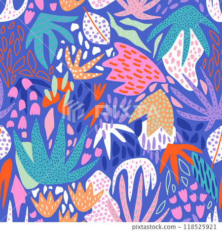 Seamless pattern with abstract tropical leaves, flowers, shapes and textures. Bright artistic vector background 118525921