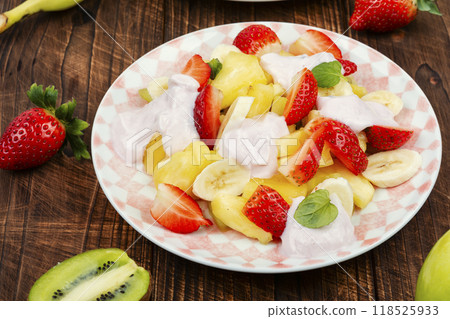 Summer fruit dessert on wooden table. Summer fruit dessert on wooden table. 118525933