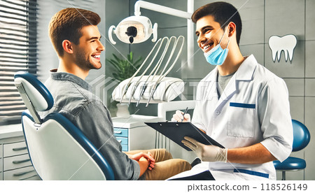 Dentist and patient share a warm smile in a bright, modern dental office. The dentist holds a clipboard while the patient sits comfortably, with dental equipment visible in the background. Dentist and patient share a warm smile in a bright, modern dental office. The dentist holds a clipboard while the patient sits comfortably, with dental equipment visible in the background. 118526149