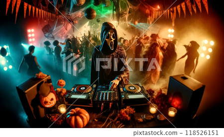A masked DJ donning a voodoo-inspired costume captivates a room full of costumed revelers with pulsating beats under a canopy of spectral lights, igniting a mystical dance floor frenzy. A masked DJ donning a voodoo-inspired costume captivates a room full of costumed revelers with pulsating beats under a canopy of spectral lights, igniting a mystical dance floor frenzy. 118526151