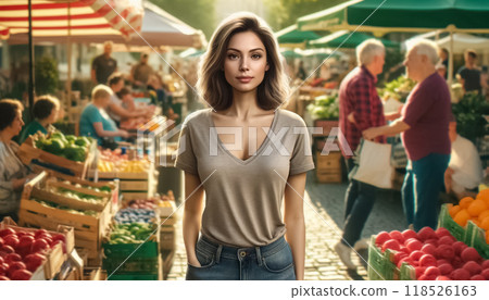 In the bustling ambiance of the local farmers market, a young woman delicately examines fresh produce under the warm glow of the morning light. 118526163
