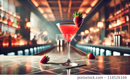 The image showcases a vibrant strawberry cocktail served in a sleek martini glass, garnished with a fresh strawberry. Set on a polished marble bar, the background is softly blurred, highlighting the 118526166