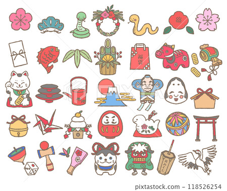 日本新年插畫圖示集手繪線條圖（蛇年） 118526254