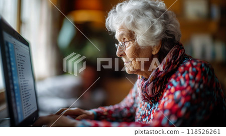 Elderly woman engaged in online activity at home during the afternoon, focused on her laptop with natural light illuminating her workspace 118526261