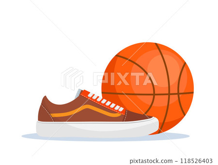 Basketball Elements composition. Basketball ball and sneakers. Equipment for Basketballs. Vector illustration. 118526403