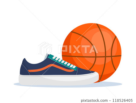 Basketball Elements composition. Basketball ball and sneakers. Equipment for Basketballs. Vector illustration. Basketball Elements composition. Basketball ball and sneakers. Equipment for Basketballs. Vector illustration. 118526405