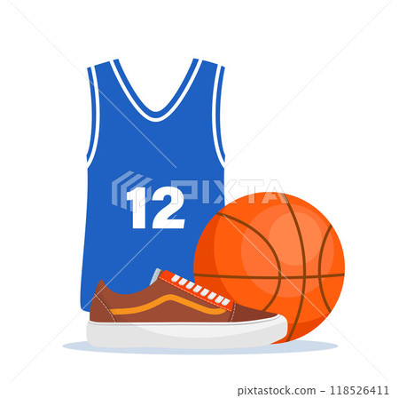 Basketball Elements composition. Basketball ball, sneakers, uniform. Equipment for Basketballs. Vector illustration. Basketball Elements composition. Basketball ball, sneakers, uniform. Equipment for Basketballs. Vector illustration. 118526411