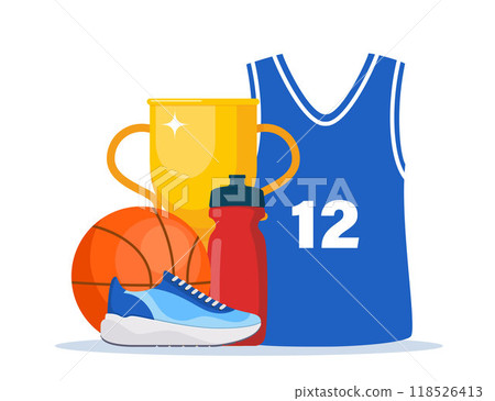 Basketball Elements composition. Various Equipment for Basketballs. Basketball ball, sneakers, uniform, cup, water bottle. Vector illustration. 118526413