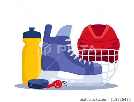 Composition of hockey equipment. Helmet, puck, skates, whistle, water bottle. Vector illustration. Composition of hockey equipment. Helmet, puck, skates, whistle, water bottle. Vector illustration. 118526423