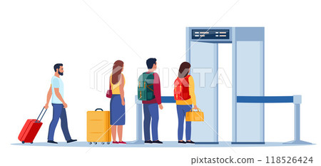 Airport security metal detectors in airport lounge. Passengers passing through scanner checkpoint gate at airport. Full body scanners. Security check gates. Airport security service. Vector. Airport security metal detectors in airport lounge. Passengers passing through scanner checkpoint gate at airport. Full body scanners. Security check gates. Airport security service. Vector. 118526424