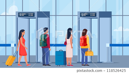 Airport security metal detectors in airport lounge. Passengers passing through scanner checkpoint gate at airport. Full body scanners. Security check gates. Airport security service. Vector. Airport security metal detectors in airport lounge. Passengers passing through scanner checkpoint gate at airport. Full body scanners. Security check gates. Airport security service. Vector. 118526425