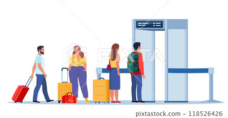 Airport security metal detectors in airport lounge. Passengers passing through scanner checkpoint gate at airport. Full body scanners. Security check gates. Airport security service. Vector. Airport security metal detectors in airport lounge. Passengers passing through scanner checkpoint gate at airport. Full body scanners. Security check gates. Airport security service. Vector. 118526426
