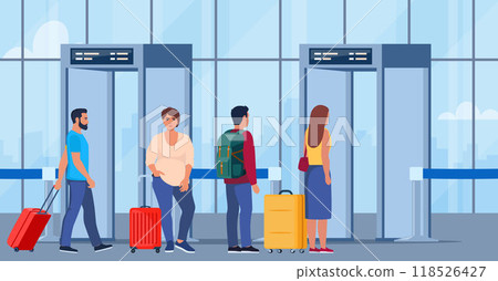 Airport security metal detectors in airport lounge. Passengers passing through scanner checkpoint gate at airport. Full body scanners. Security check gates. Airport security service. Vector. Airport security metal detectors in airport lounge. Passengers passing through scanner checkpoint gate at airport. Full body scanners. Security check gates. Airport security service. Vector. 118526427