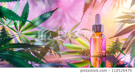 Banner with CBD Oil Bottle with Cannabis Leaves and Buds on Colorful neon holographic Background 118526470