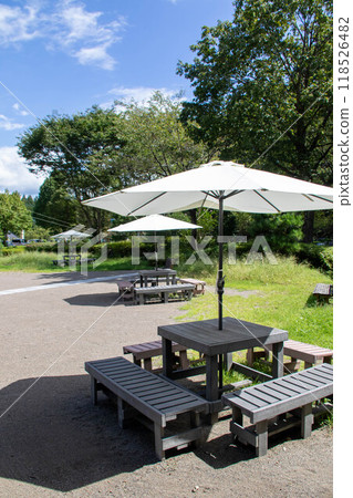 Roadside Station Reizan Takeyama: Parasols in the courtyard 118526482