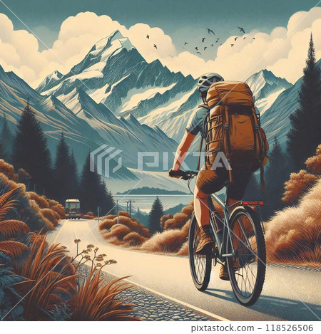 Man cycling towards the mountains Man cycling towards the mountains 118526506