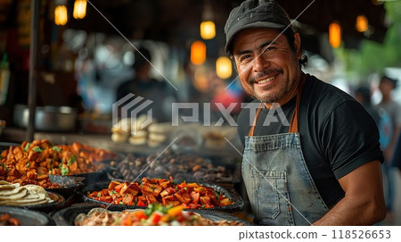 A street vendor selling fresh tacos al pastor. 118526653