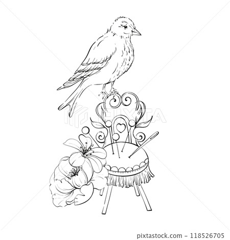 Vintage bird and pincushion, pins, buttons, with romantic flowers. Tailoring and Fashion Design for logo, postcards, fabric. Dressmaker production for fashion in retro style, handwork. Graphic vector 118526705