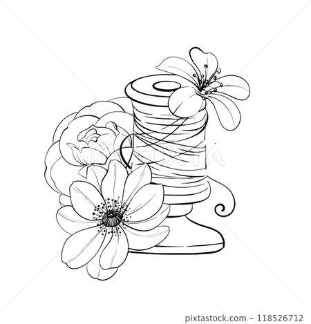 Vintage spool of thread with flower on white background. Concept of creativity and craftsmanship, as the thread, sewing tools. Graphic vector line, hand drawn, black silhouette for cricut 118526712