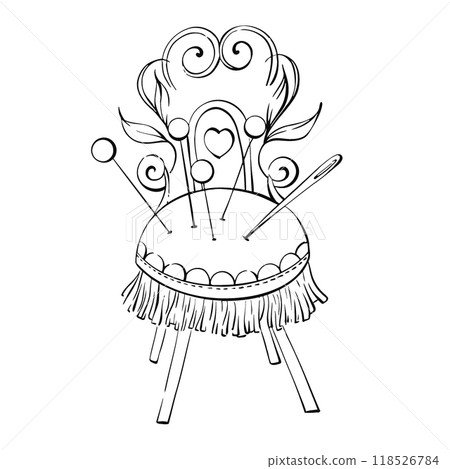 Elegant Sewing Chair with Pin Cushion and Ornamental Details, perfect for your DIY craft corner. Graphic vector hand drawn, black 118526784