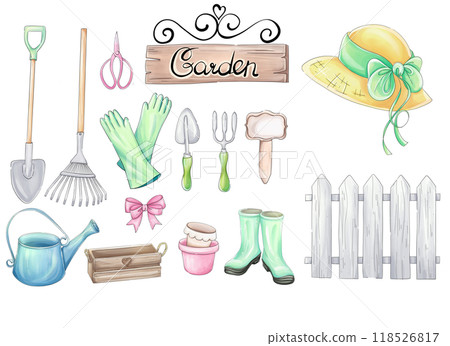 Watercolor garden tools clipart, set of inventory for gardener. Romantic springtime sketch for design 118526817