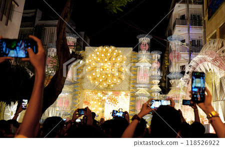 Visitor are busy for capturing the beauty of Mudiali Durga Puja Pandal 118526922