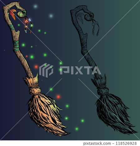 Witchs magic broom on a dark background. A magical item with crystals and a magical glow. A staff for a witch on Halloween. A card or graphic resource for a Halloween gift. Vector illustration is a 118526928