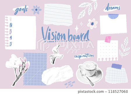 Vision board collage template, dreams and goals inspirational notes, taped to wall with decorative skotch. Halftone cutout magazine photos of coffee, dird and magnolia flower 118527068