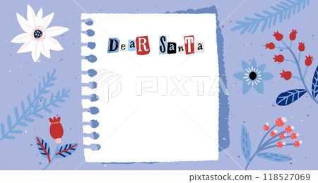 Dear Santa blank letter on paper sheet decorated winter floral motifs on blue background, ragged note page 118527069