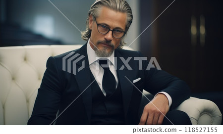 Sophisticated Style: Grey-Haired Man in Sleek Glasses 118527155