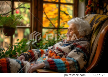 Blissful Elderly Lady Relishing Tranquil Moments in Stylish Home Environment 118527176