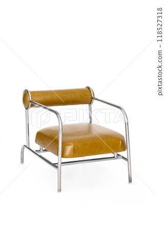 A small armchair with with Arms and tubular metal structure.‎ Modernism.‎ Padded seat and backseat in mustard color isolated on white background  118527318