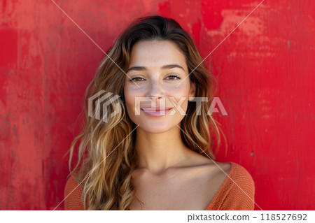 Frontal View of Smiling Woman Teaching with Vibrant Background Frontal View of Smiling Woman Teaching with Vibrant Background 118527692