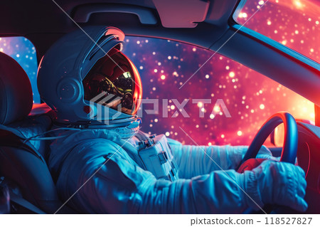 Astronaut Adventures: Close-Up of Space Traveler in a Cosmic Car Astronaut Adventures: Close-Up of Space Traveler in a Cosmic Car 118527827