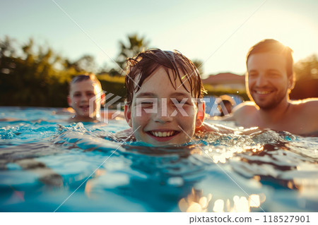 Outdoor Bliss: Joyful Family Playing in Backyard Pool 118527901