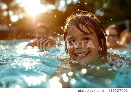 Sunny Soiree: Close-Up Capture of a Happy Family Swimming 118527902