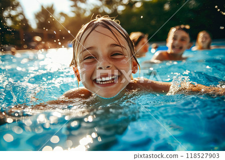 Summer Smiles: Vibrant Family Enjoying Pool Day Bliss 118527903