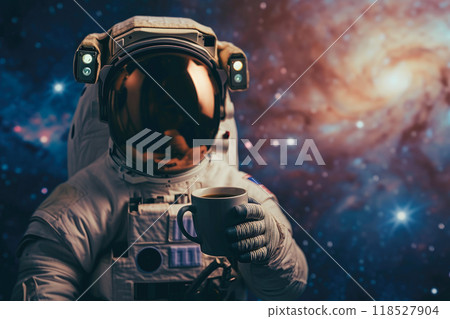 Space Brew: Astronaut's Hand Holding a Cosmic Coffee Cup 118527904