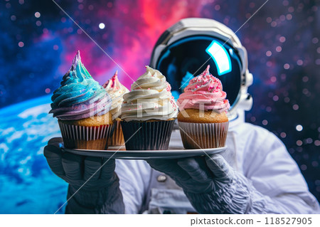 Space Confectionery: Astronaut Holding Delicious Cupcakes 118527905